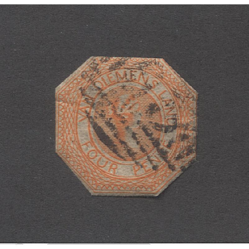 (PY15004) TASMANIA · 1853: used Plate I 4d bright red-orange QV 'Courier' SG 5 · light crease · if it hadn't been cut-to-shape the c.v. would be £1000 · $5 STARTER!!