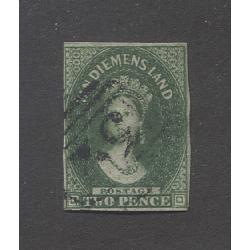 (PY15013) TASMANIA · 1855: used imperf 2d green QV Chalon (Star Wmk) SG16 · margins are VG to close, just touching in the SE corner · c.v. £450 (2 images)