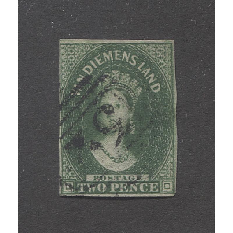 (PY15013) TASMANIA · 1855: used imperf 2d green QV Chalon (Star Wmk) SG16 · margins are VG to close, just touching in the SE corner · c.v. £450 (2 images)
