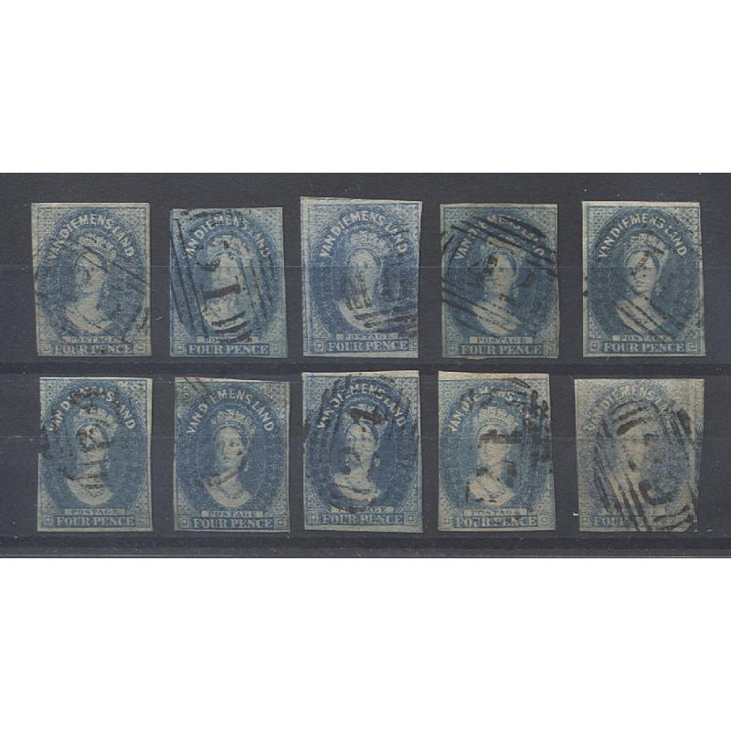 (PY15024) TASMANIA · 10x postally used imperf 4d blue QV Chalons, most with 3 or 4 margins · different shades present · some "postmark interest" possible for barred numeral cancel enthusiasts (10)