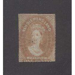 (PY15028) TASMANIA · 1860s: very lightly used 1d brick red QV Chalon with 14-15 oblique roulette SG 97 · needs certificate so offered "as is" · c.v. £1000 (2 images)