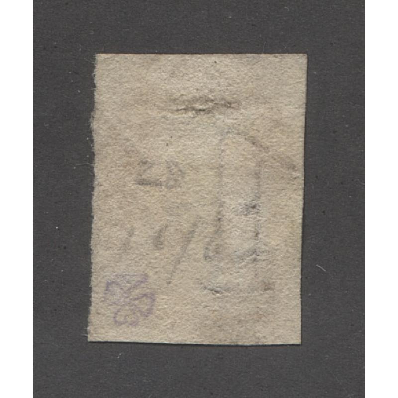 (PY15029) TASMANIA · 1860s: imperf 1d dull vermilion QV Chalon · vendor states that stamp has pin perf 13½-14½ but no certificate and offered "as is" · clear BN91 cancel used at TORQUAY · c.v. £700 if "real McCoy" (2 images)