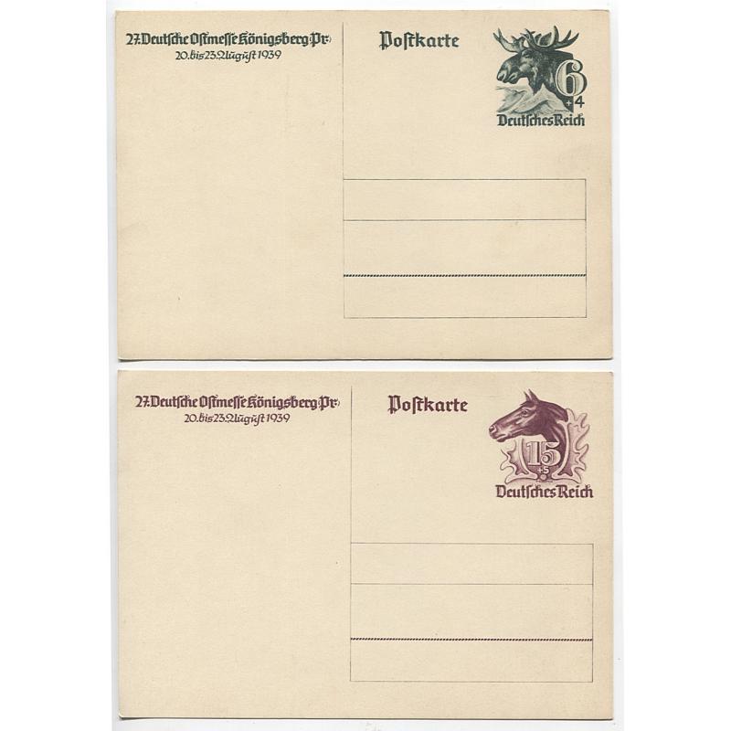 (QQ10006) GERMANY · 1939: 6+4pf & 15+5pf 27th Deutsche Ostmesse Königsberg postal cards Mi P280/281 both in F to VF unused condition (2)