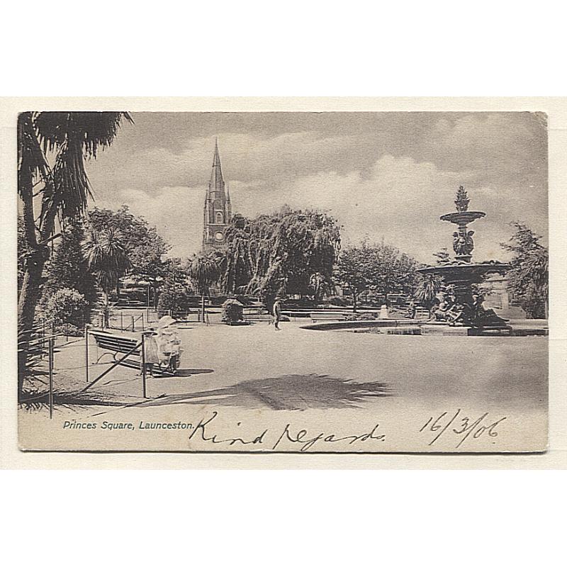 (QQ10008) TASMANIA · 1906: card possibly by Robert Jolley w/view PRINCES SQUARE LAUNCESTON mailed to G.B. with 1½d on 5d QV Key Plate franking · nice condition · uncommon card in my experience