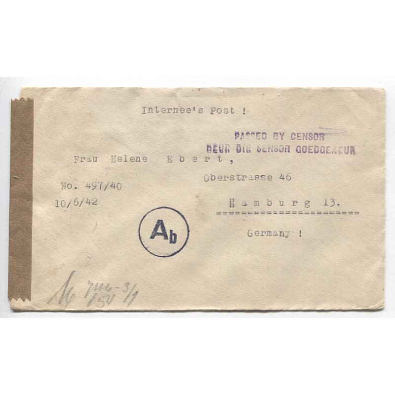 (QQ1003) SOUTH AFRICA · 1942: twice censored cover to Germany endorsed "Internee's Post!" mailed from Baviaanspoort Internment Camp · torn flap o/wise very nice condition (2 images)
