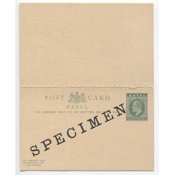 (QQ1005) NATAL · 1901: ½d + ½d green on buff KEVII Letter Card H&G 12a overprinted SPECIMEN · fine condition inside and out (2 images)