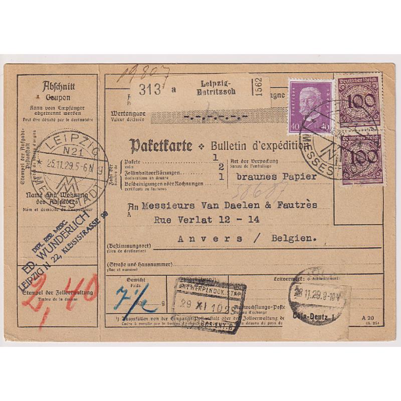 (QQ1078) GERMANY · 1929: parcel card to Belgium with LEIPZIG MESSESTADT postmark on coupon and tying higher value franking · excellent condition - $5 STARTER!!