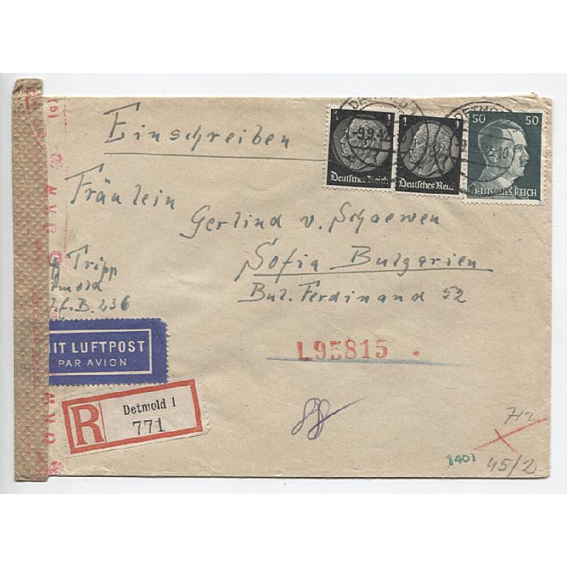 (QQ1062) GERMANY · 1942: censored registered air mail cover to Bulgaria · arrival b/stamp · fine condition