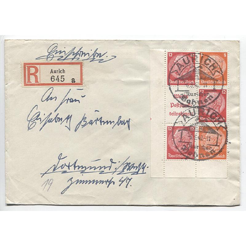 (QQ1063) GERMANY · 1940: registered cover to Dortmund bearing se-tenant block of 8pf & 12pf H'burg defins with advertising tab · 52pf rate paid is correct · fine condition