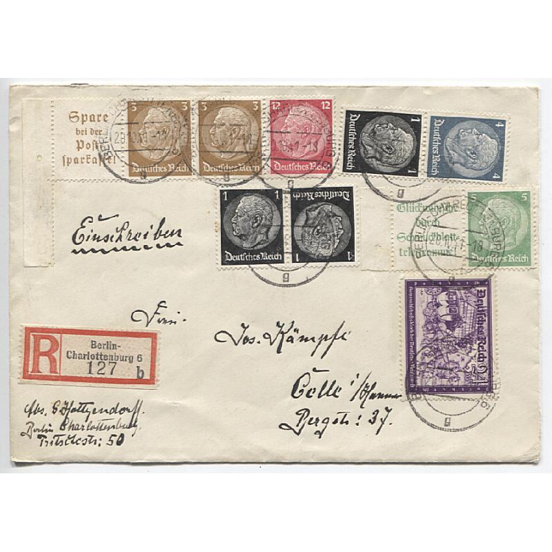 (QQ1064) GERMANY · 1941: registered cover mailed from Berlin to Celle with mixed franking (making up the correct rate of 54pf) including various Hindenburg booklet stamps with tabs, etc.
