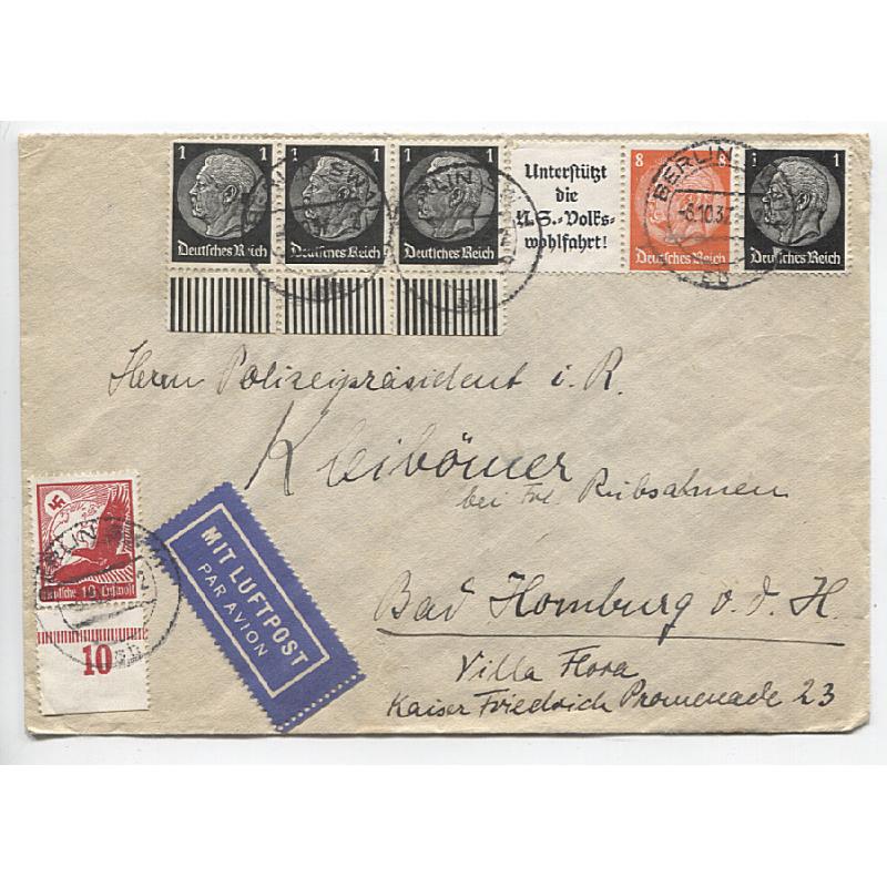 (QQ1999) GERMANY · 1937: inland commercial air mail cover mailed from Berlin to Bad Homburg · franking includes an 8pf Hindenburg booklet stamp with tab · fine condition