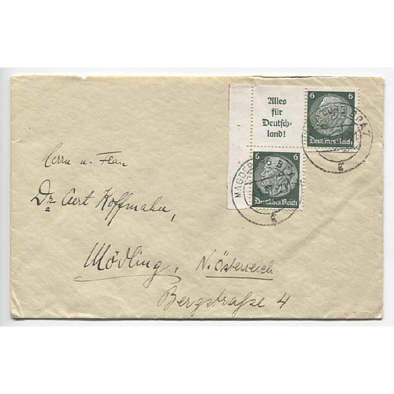 (QQ1998) GERMANY · 1937: cover bearing 12pf franking comprising 2x 6pf Hindenburg booklet stamps including propaganda tab · excellent to fine condition · $5 STARTER!!
