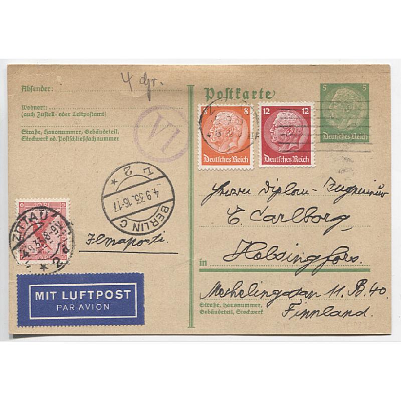 (QQ1172) GERMANY · 1933: 5pf H'burg postal card uprated for air mail transmission to Finland · some v.light discolouration across top o/wise in excellent condition