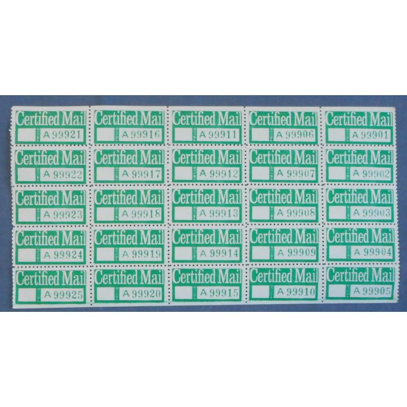 (QQ1078L) AUSTRALIA · 1970s/80s: complete sheet of 25x CERTIFIED MAIL labels in fine condition · $5 STARTER!!