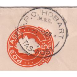 (QQ1079L) TASMANIA · 1968: full clear strike of the G.P.O. HOBART M.O.O. Type 5cs(ii) cds on a 5c QEII PSE which has a minor corner fault · postmark is rated 2R