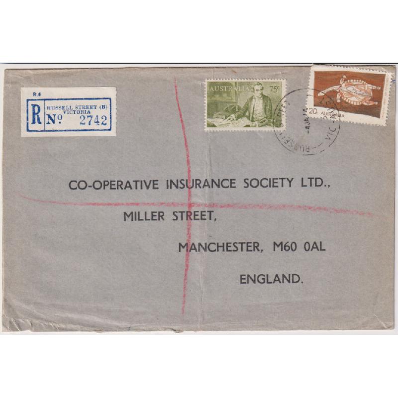 (QQ1086) AUSTRALIA · 1974: registered commercial surface mail cover to G.B. address · uncommon franking · some imperfections including a well pressed-out crease however the overall appearance is excellent .... see largest image