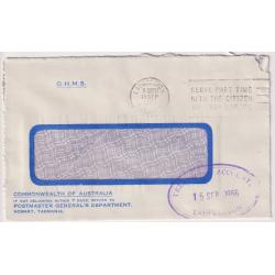 (QQ1094) TASMANIA · 1966: small PMG envelope with a clear strike of an oval TELEPHONE ACCOUNTS LAUNCESTON datestamp · unlisted and thus unrated by Hardinge ..... should be Type R2(iv)