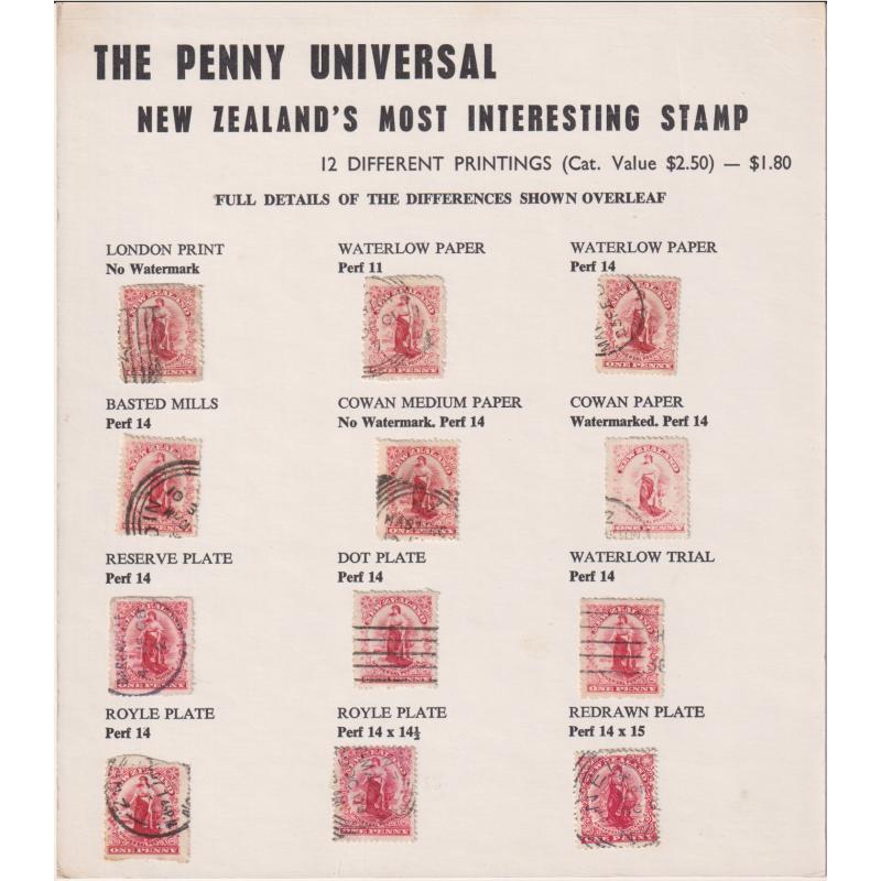 (QQ1101L) NEW ZEALAND · instructive card THE PENNY UNIVERSAL · NEW ZEALAND'S MOST INTERESTING STAMP with used examples of 12 different printings affixed · lots of useful info printed on the back (2 images)
