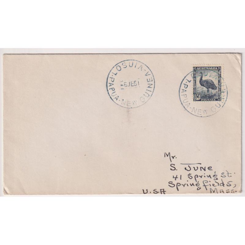 (QQ1108) PAPUA NEW GUINEA · 1951: small sea mail cover to the USA with single 5½d Emu franking bear clear strike in grey-blue ink of the LOSUIA cds postmark