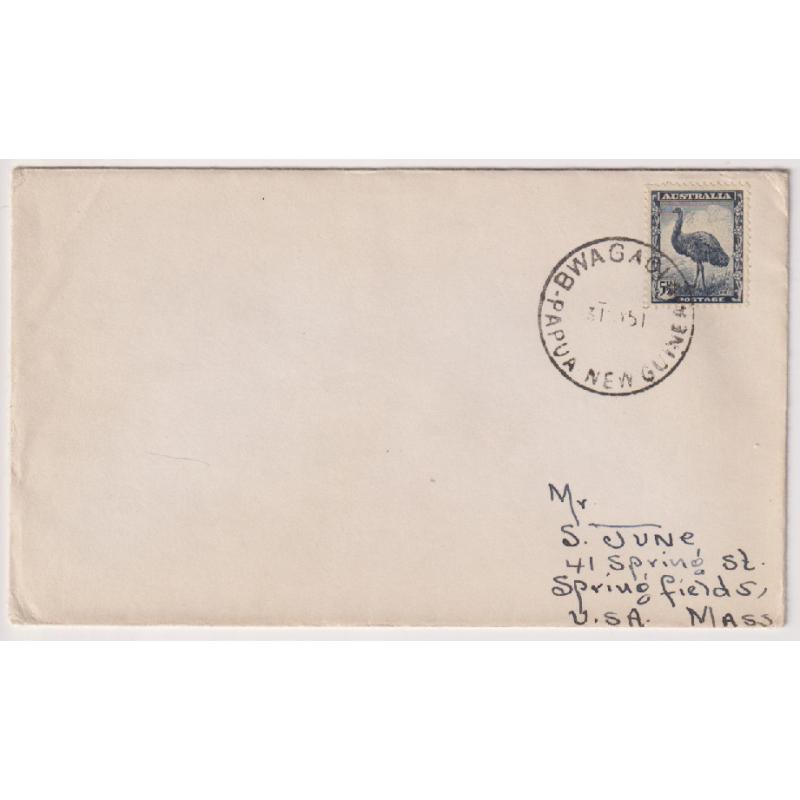 (QQ1109) PAPUA NEW GUINEA · 1951: small sea mail cover to the USA with single 5½d Emu franking tied by a full clear strike of the BWAGAOIA cds