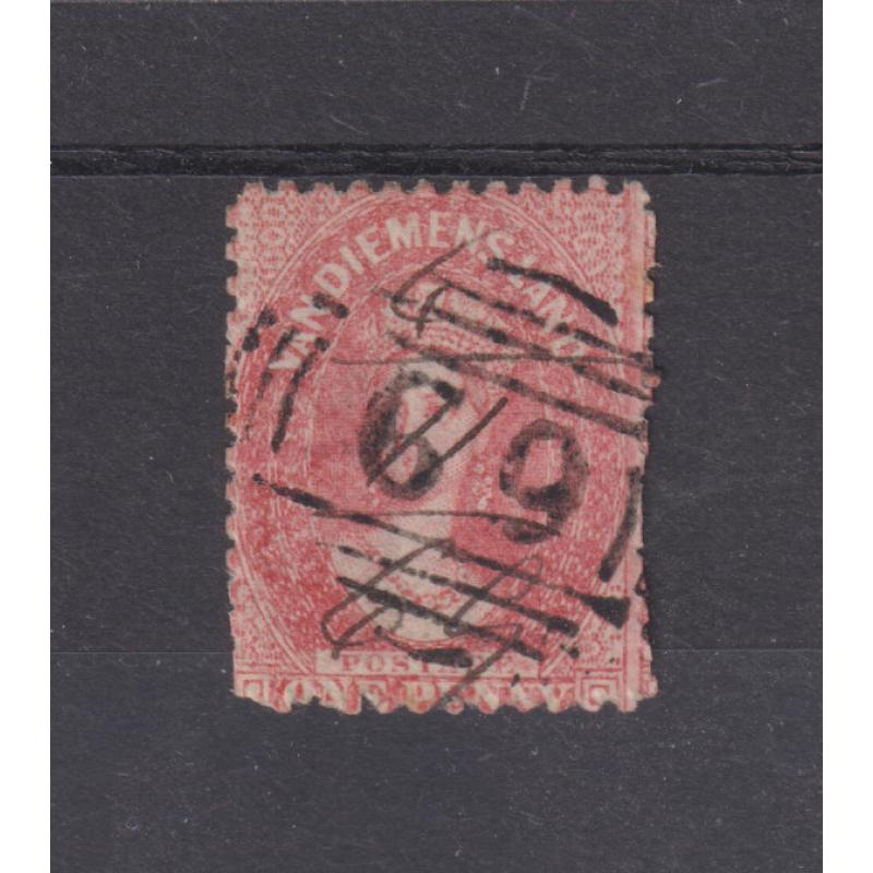 (QQ1110) TASMANIA · FORGED BN69 postmark on a fiscally used perforated 1d QV Chalon · 'BN69 forgery' written on back · useful reference as there are a few of these 'about' on well-cleaned fiscals