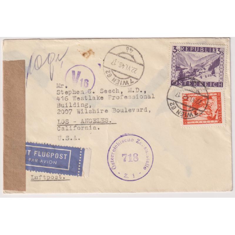 (QQ1113) AUSTRIA · 1946: commercial air mail cover to the United States · civil censor seal and two h/stamps · tiny stain o/wise in excellent condition · $5 STARTER!!