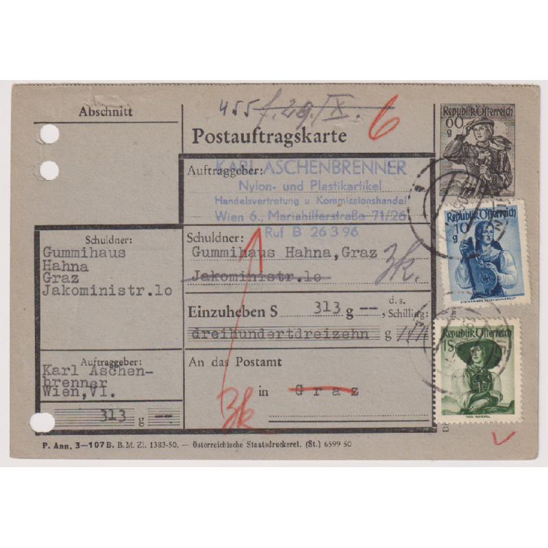 (QQ1114) AUSTRIA · 1951: uprated postal order card with 60g Costume indicium · post office filing holes as usual · excellent condition