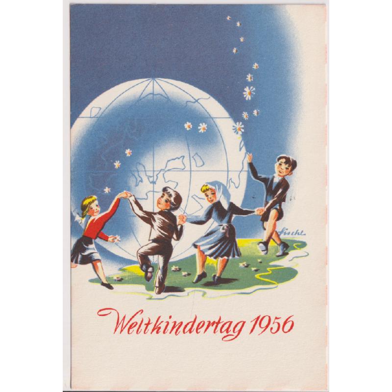 (QQ1116) AUSTRIA · 1956: souvenir postcard carried on WELTKINDERTAG 1956 balloon flight with LINZ commemorative postmark · VF condition · $5 STARTER!!