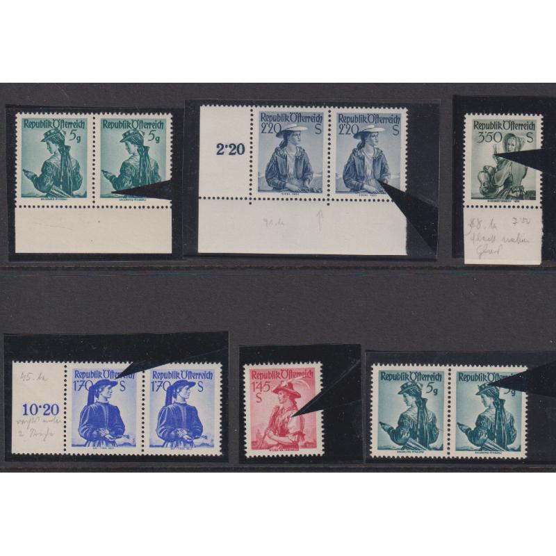 (QQ1117) AUSTRIA · 1940s/50s: small range of MNH 'Costume" definitives to 3.50s all with listed varieties · some pencilled annotations on the selvedge o/wise in VF condition (6 items)