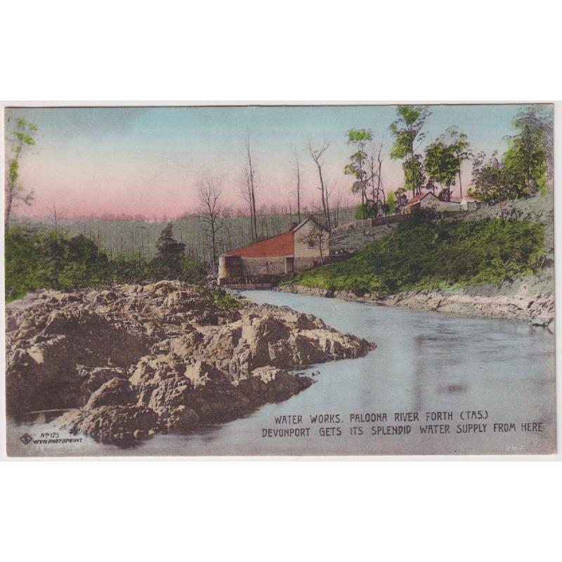 (QQ1119) TASMANIA · c.1910: "Wynphotoprint" card by Selwyn Cox w/view WATER WORKS, PALOONA, RIVER FORTH .... in fine condition · message on verso but not postally used · see description