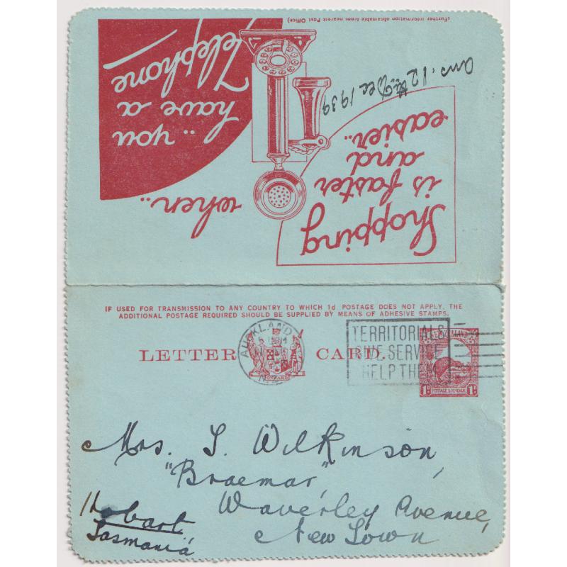 (QQ1120) NEW ZEALAND · 1939: 1d "Kiwi" lettercard with Telephone advertisement used to Tasmania · excellent condition · $5 STARTER!!