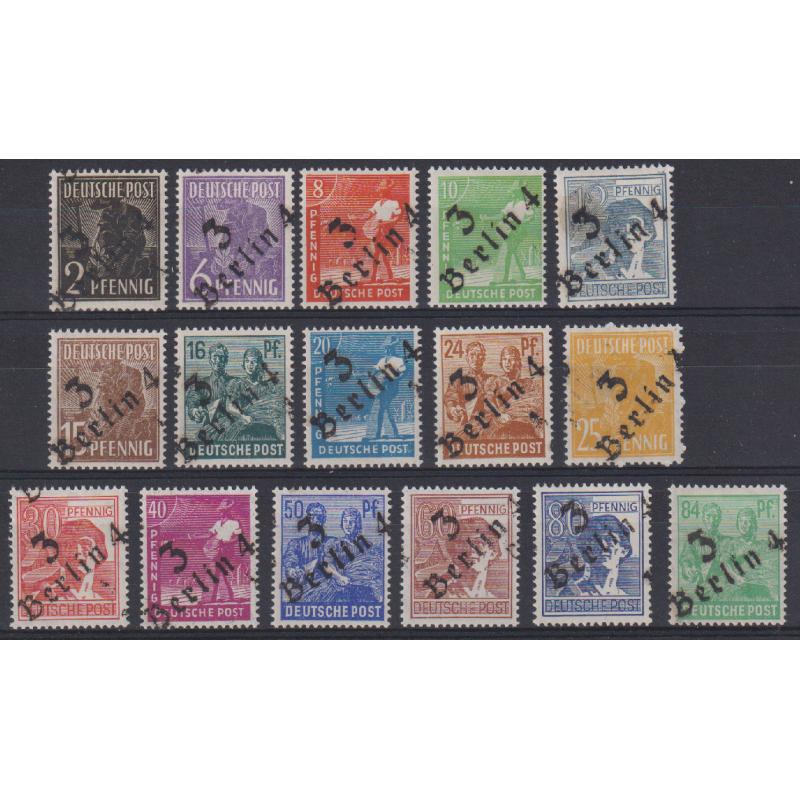 (QQ1122) GERMANY · SOVIET ZONE  1948: complete "3 Berlin 4" overprinted definitives Mi 166/181 all in fresh MLH condition and with "H.W." expert's h/s on the gum side · c.v. €45 · 16 stamps (2 images)