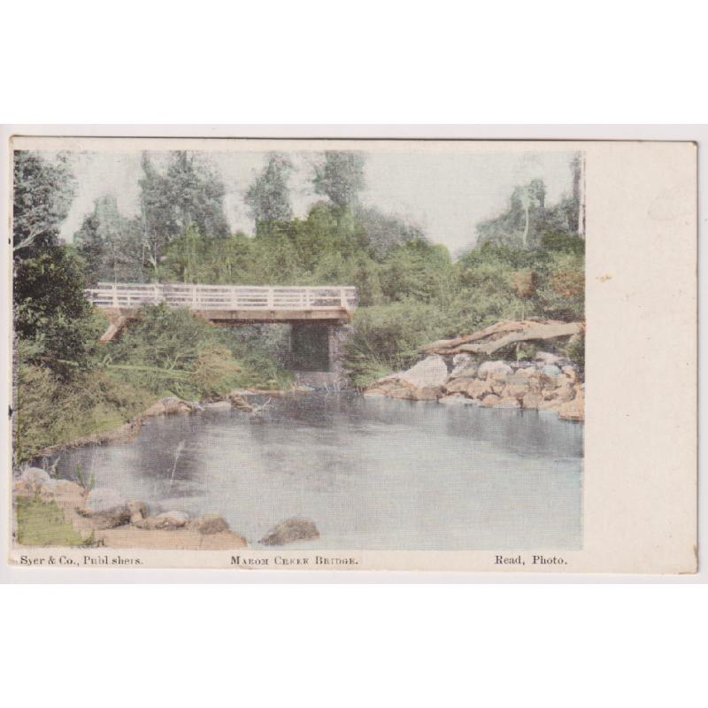 (QQ1138 NEW SOUTH WALES · 1907: "Graphic" postcard published by Syer w/view MAROM CREEK BRIDGE postally used with 1d Shield franking · excellent clean condition