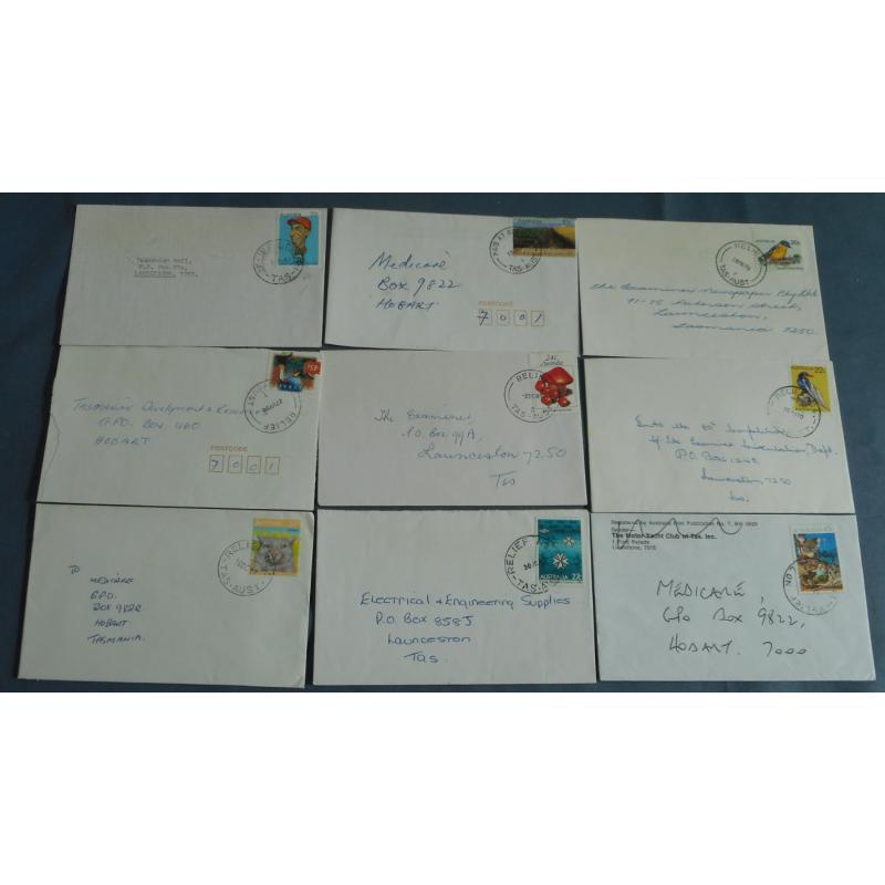 (QQ1147L) TASMANIA · 1981/2003: 13 small commercial covers bearing clear strikes of different RELIEF postmarks used during the period · includes a PAID AT and two neoprene types · excellent to fine condition throughout (2 images)