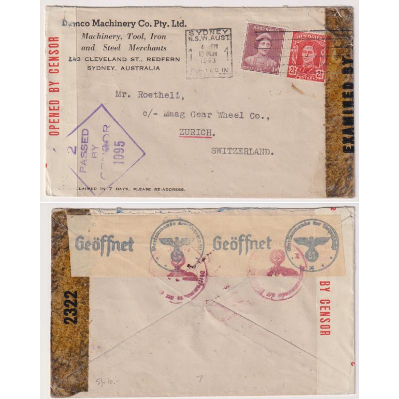 (QQ1148) AUSTRALIA · 1943: TRIPLE censored commercial cover to Switzerland in excellent condition · see full description