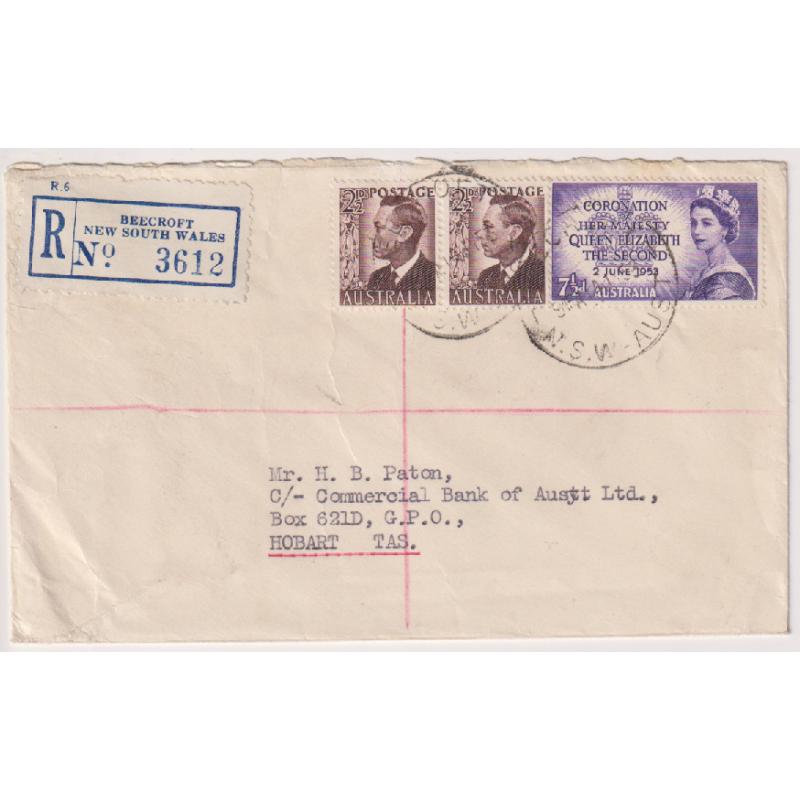 (QQ1149) AUSTRALIA · 1953: registered cover to Tasmania with uncommon combo franking making up the correct rate of 1/0½d (3½d postage + 9d fee) · attractive item in excellent condition