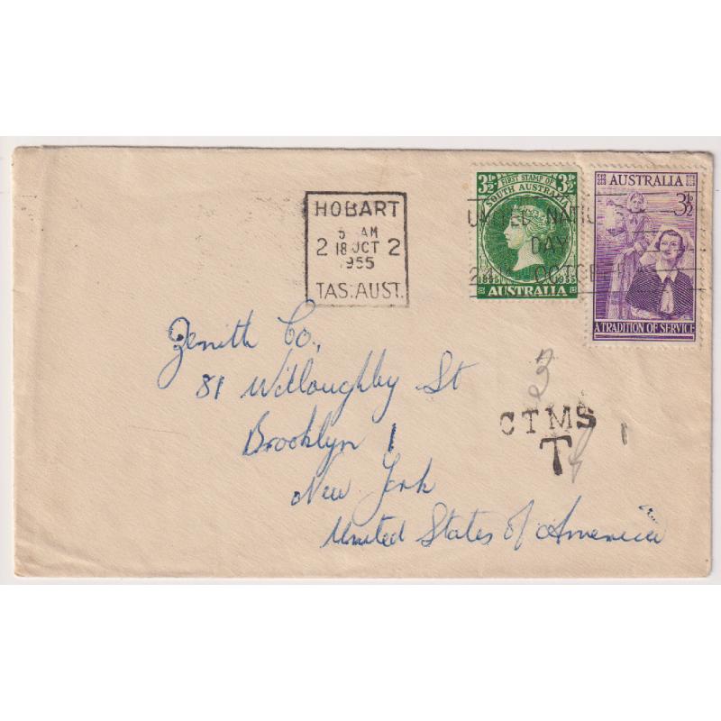 (QQ1153) TASMANIA · 1955: commercial cover mailed to the USA at Hobart · underpaid ½d for sea mail and taxed 3 CTMS · clear impression of cut-down h/s with '5' removed (Reid DP13) · excellent condition