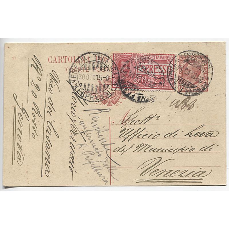 (QQ1156) ITALY · 1915: uprated 10c postal card forwarded by Express Mail to Venice · excellent condition - $5 STARTER!!