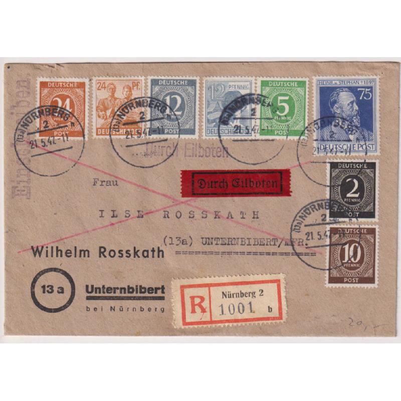 (QQ1184) GERMANY · Allied Zone 1947: registered express cover mailed at Nürnberg · probably "philatelic" but an attractive cover all the same · fine condition · arrival b/s