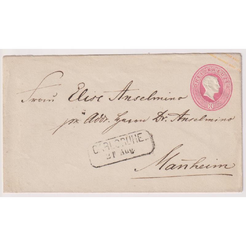 (QQ1189) GERMANY · 1860s: 3Kr pale rose Friedrich envelope very nicely used from Carlsruhe to Mannhein · unusually fine condition · arrival b/stamp