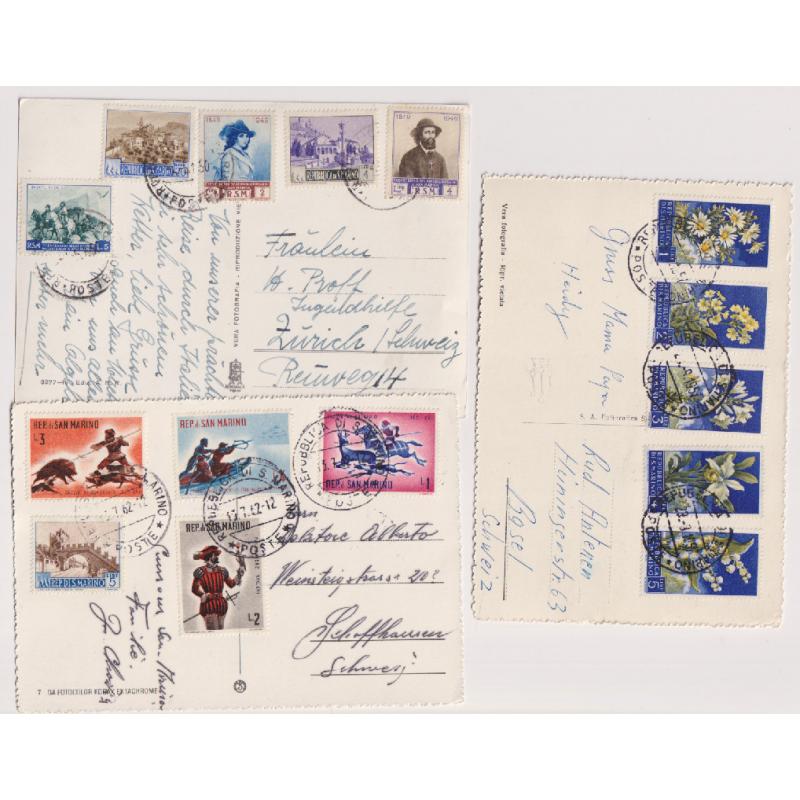 (QQ1195) SAN MARINO · 1950/62: 5 postcards mailed to Switzerland and Germany bearing a colourful range of contemporary frankings · fine condition throughout (2 images)
