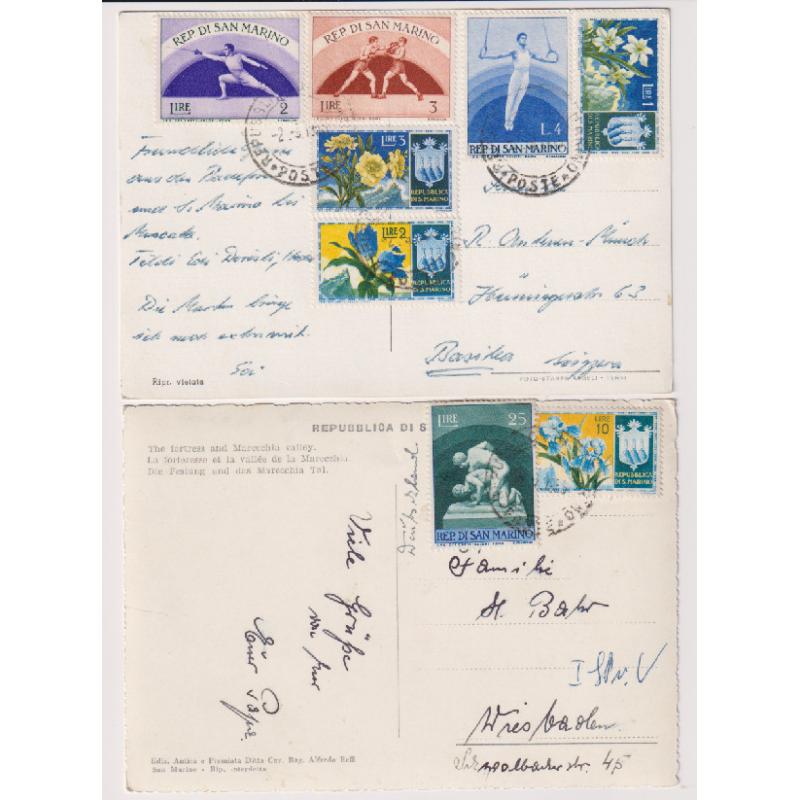 (QQ1195) SAN MARINO · 1950/62: 5 postcards mailed to Switzerland and Germany bearing a colourful range of contemporary frankings · fine condition throughout (2 images)