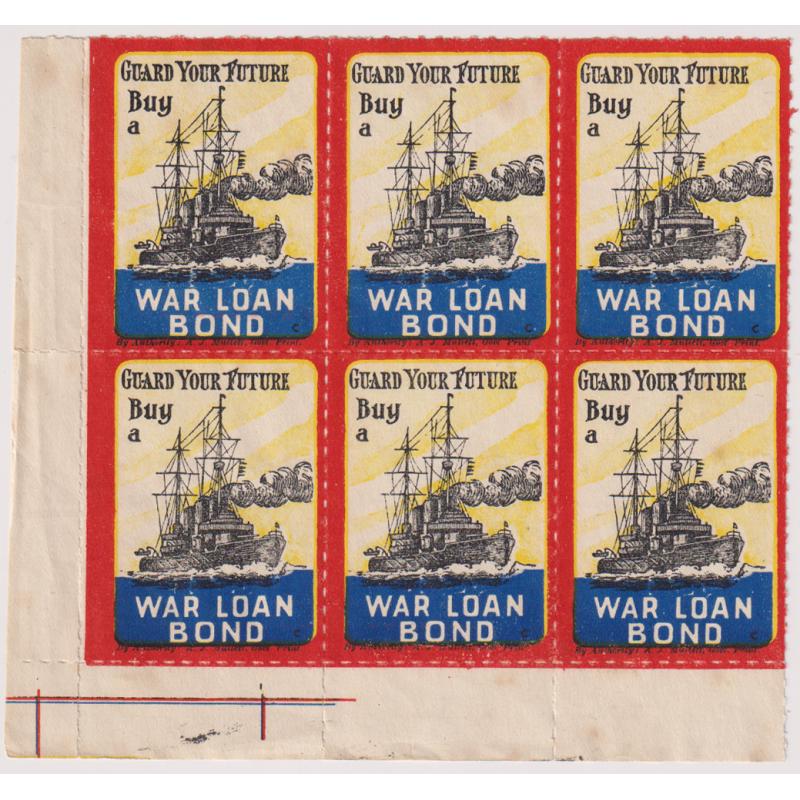 (QQ1196) AUSTRALIA · c.1915: corner block of 6x GUARD YOUR FUTURE · BUY A WAR BOND LOAN patriotic poster stamps · no gum · overall condition is excellent to fine (2 images)