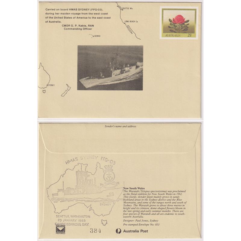 (QQ1204) AUSTRALIA · 1983: souvenir cover carried on board the HMAS Sydney on her maiden voyage SEATTLE / AUSTRALIA · privately optd 27c Flora envelope with special cachet on back · VF condition