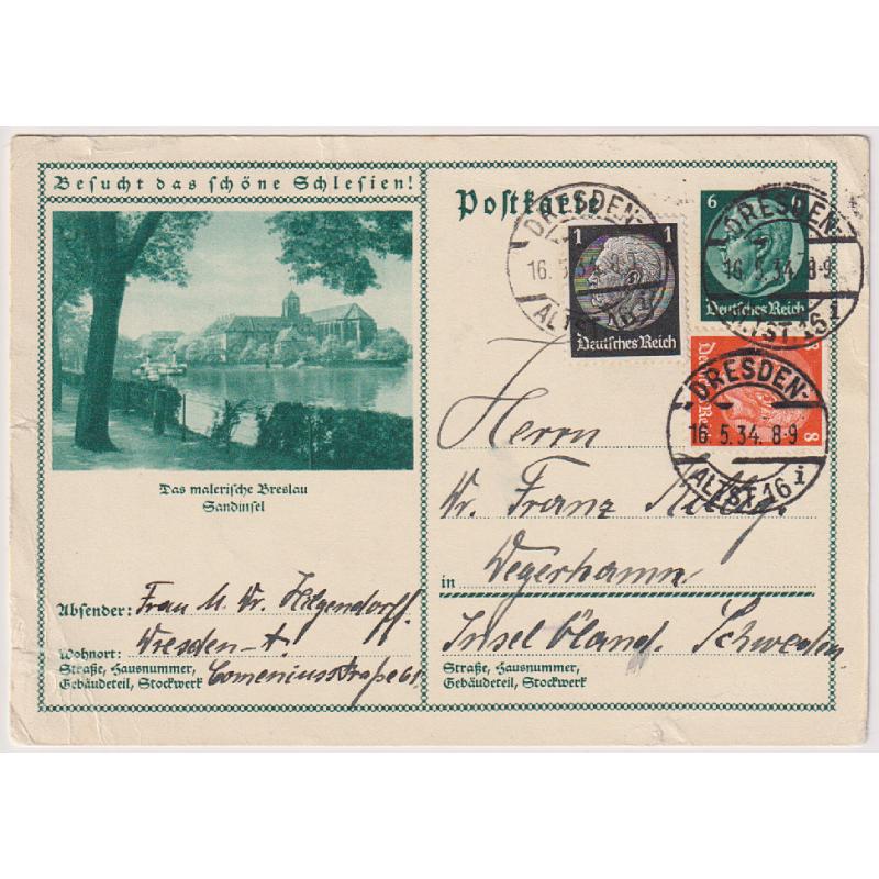 (QQ1207) GERMANY · 1934: uprated 6pf H'burg "Visit Beautiful Silesia" pictorial postal card with the additional defin franking making up the correct rate for surface mail (postcards) to Sweden · some minor peripheral wear ...see image