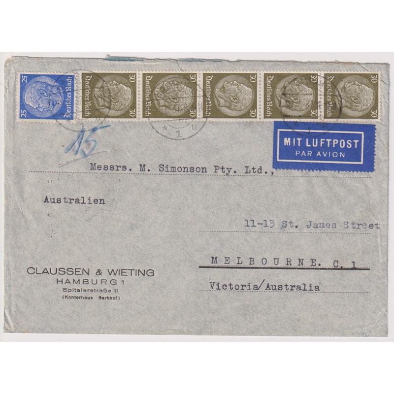 (QQ1209) GERMANY · 1939: commercial air mail cover to Australia mailed from Hamburg - rate of 175pf paid for 15g · fine condition · Melbourne arrival b/stamp