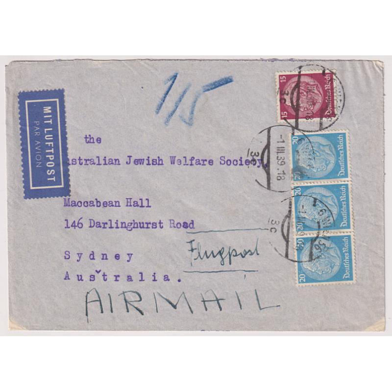 (QQ1210) GERMANY · 1939: commercial air mail cover to Australia mailed from Vienna - rate of 75pf paid · fine condition