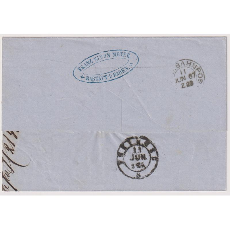 (QQ1214) BADEN · 1865: RASTATT to FREIBURG folded letter outer with 3Kr light carmine Arms franking Mi 18 · light '115' numeral cancel with despatch, transit and arrival postmarks · fine condition (2 images)
