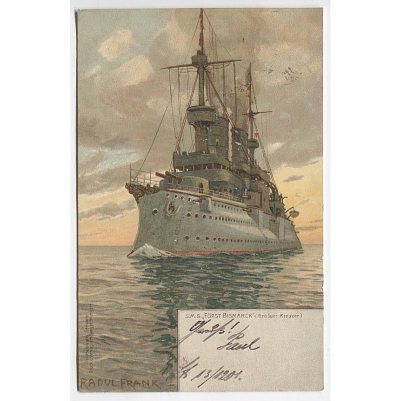 (QQ1217) GERMANY · WÜRTTEMBERG 1901: postally used colour card with a maritime artist Raoul Frank's view of the S.M.S. "FÜRST BISMARCK" · fine condition