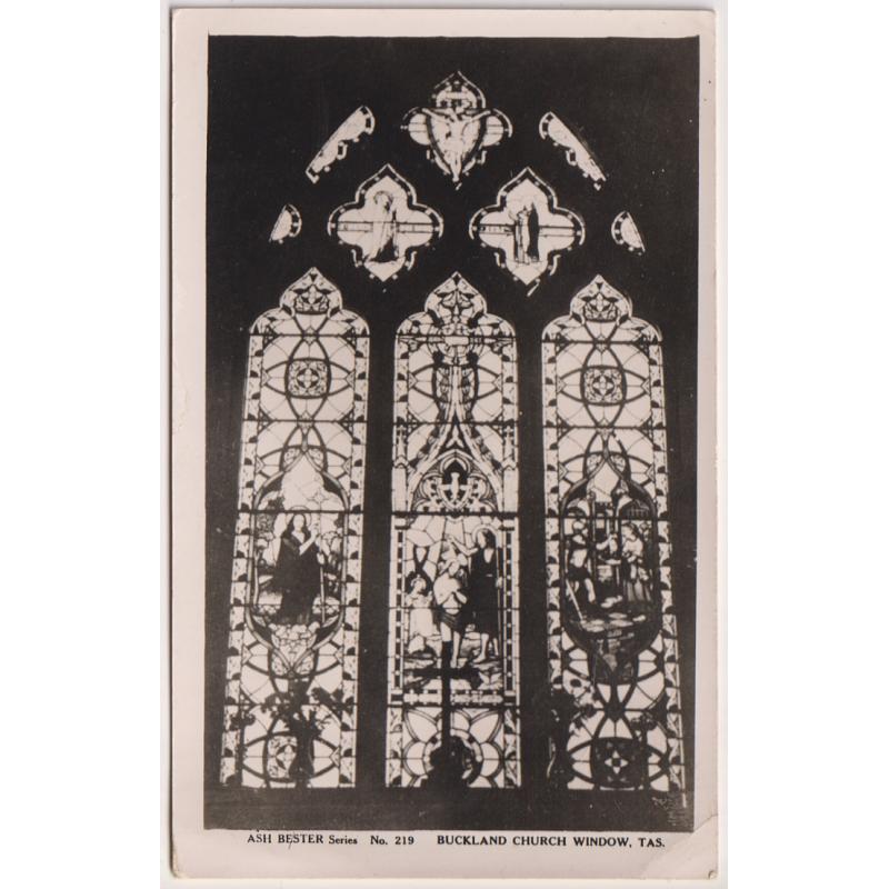 (QQ1221) TASMANIA · c.1950: unused real photo card by Ash Bester (No.219) featuring and interior view of the BUCKLAND CHURCH WINDOW in excellent condition - $5 STARTER!!